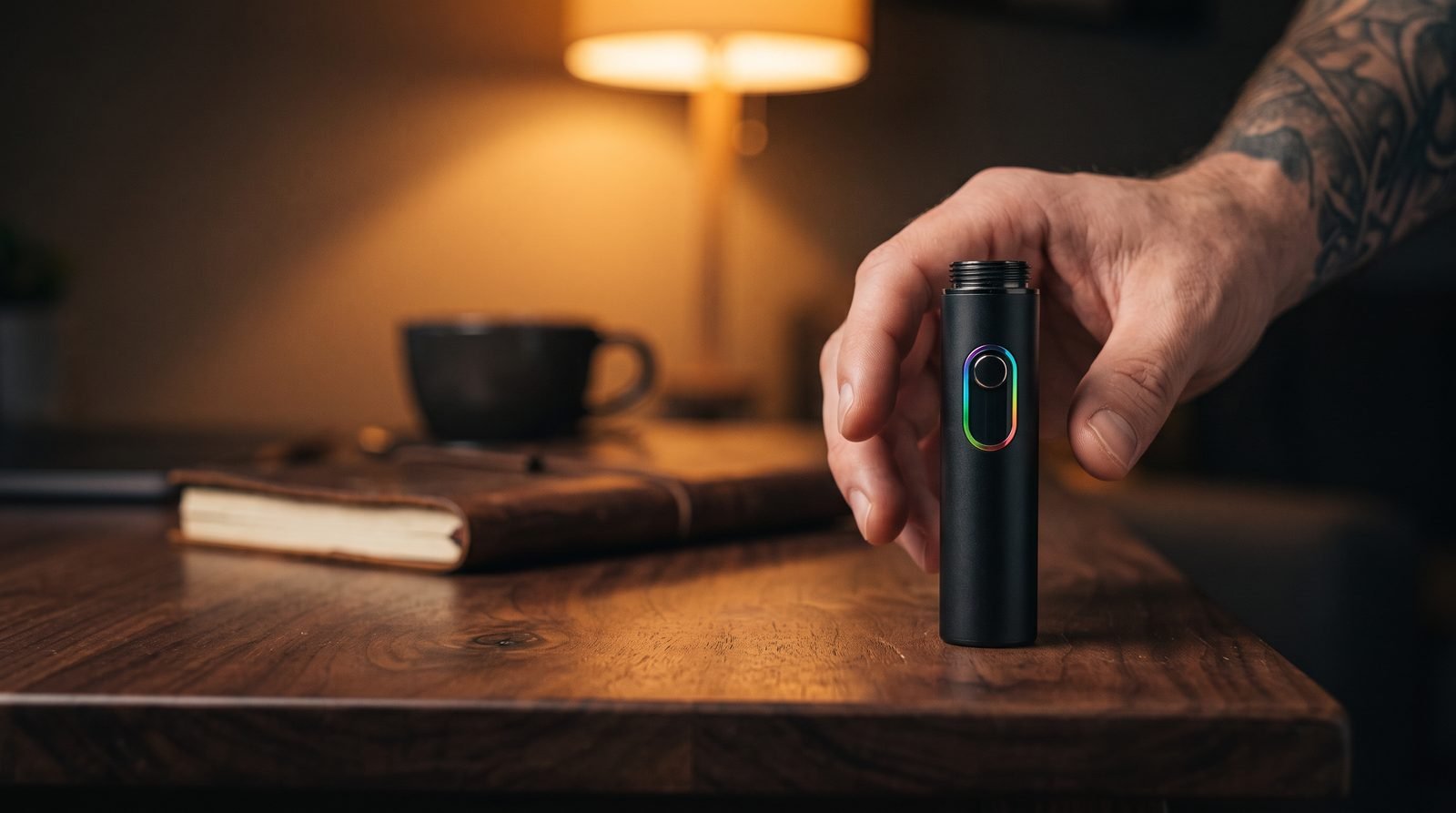 Yocan Orbit 2.0 replacement battery on a walnut desk with an adult hand reaching for it