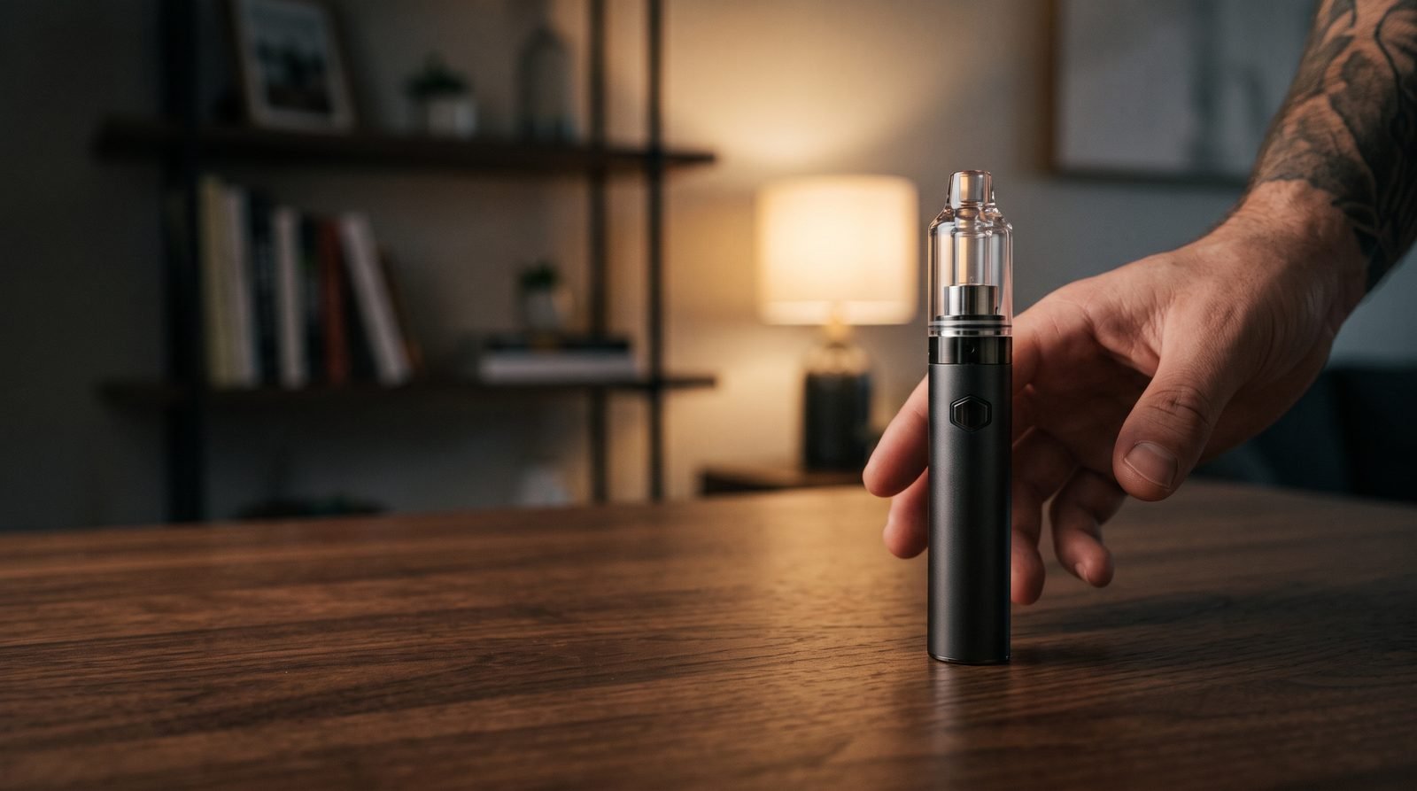 Yocan Orbit portable concentrate vaporizer on a walnut desk with an adult hand reaching for it