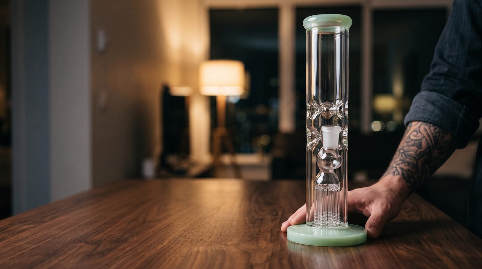 Clear glass tree percolator water pipe on a walnut table with an adult hand resting on its base