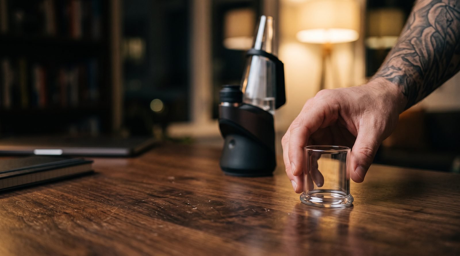 SeshGear Dabtron replacement glass base jar on a walnut desk with an adult hand reaching for it
