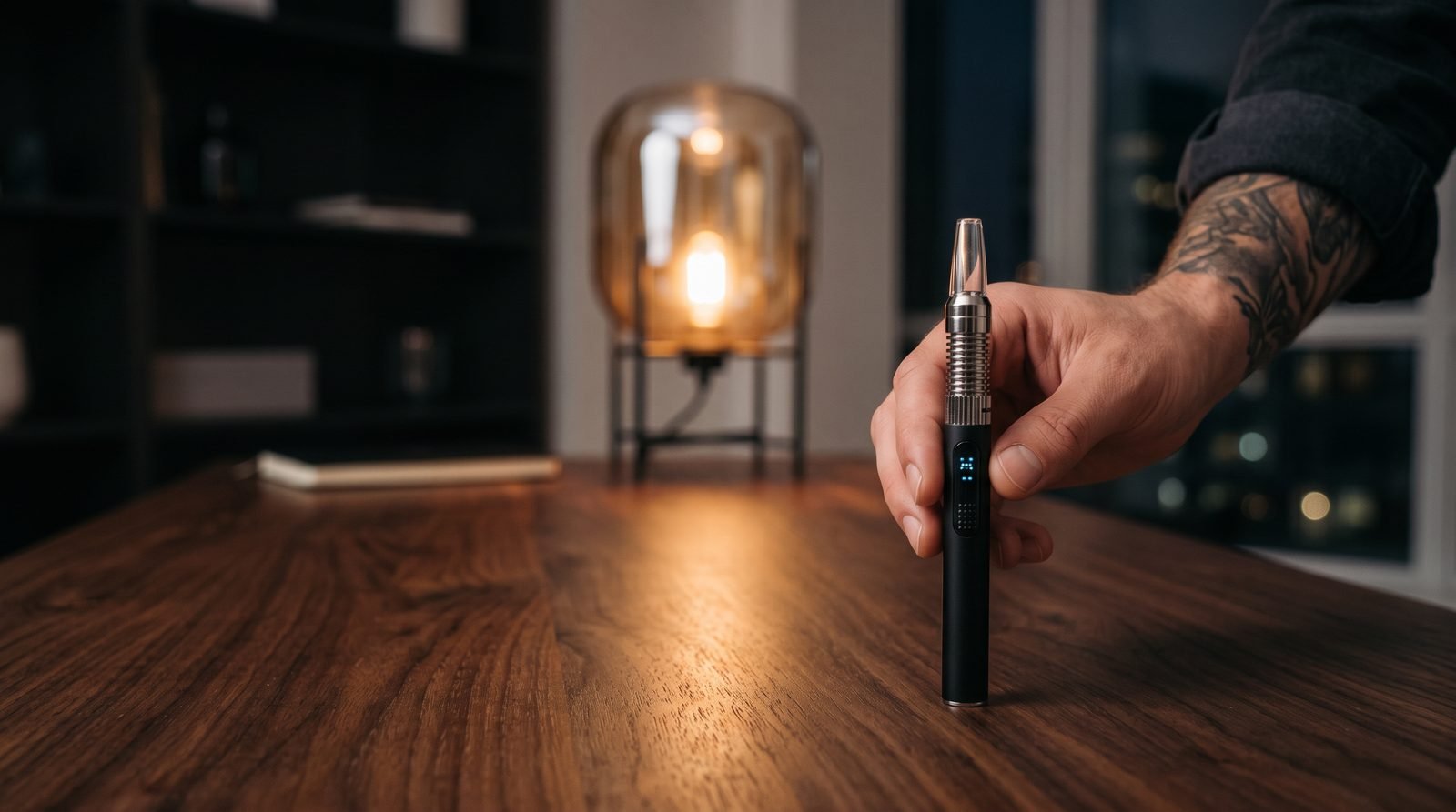 Lookah Firebee cartridge vape pen on a walnut desk with an adult hand reaching for it