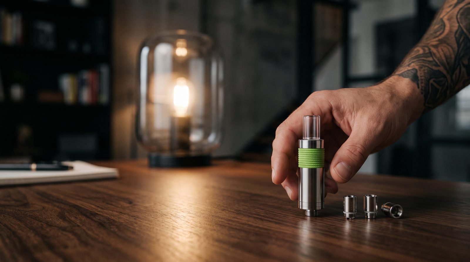 Lookah 510 quartz wax coil set with mouthpiece on a walnut desk with an adult hand reaching in