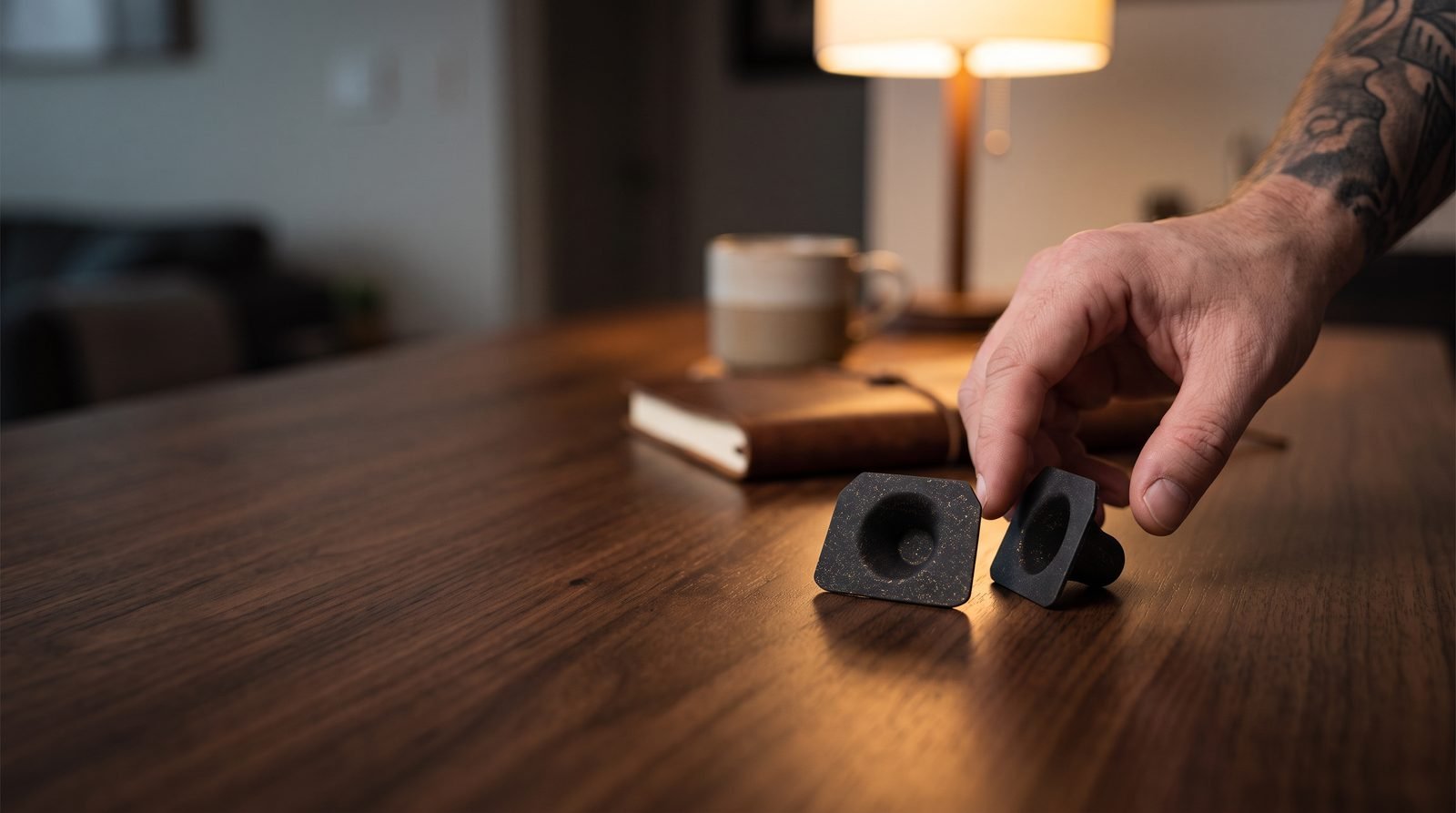 Dab Rite PRO silicone sensor and cap kit on a walnut desk with an adult hand reaching for it