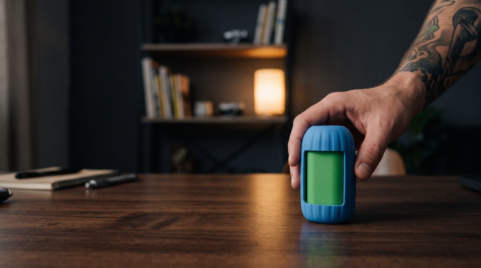 Yocan Green Whale personal air filter on a walnut desk with an adult hand reaching for it