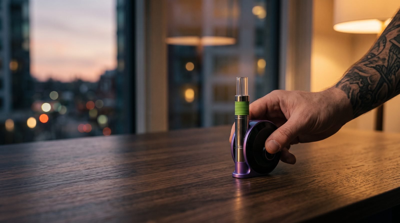 Lookah Snail 2.0 portable wax vaporizer kit on a walnut desk with an adult hand beside it