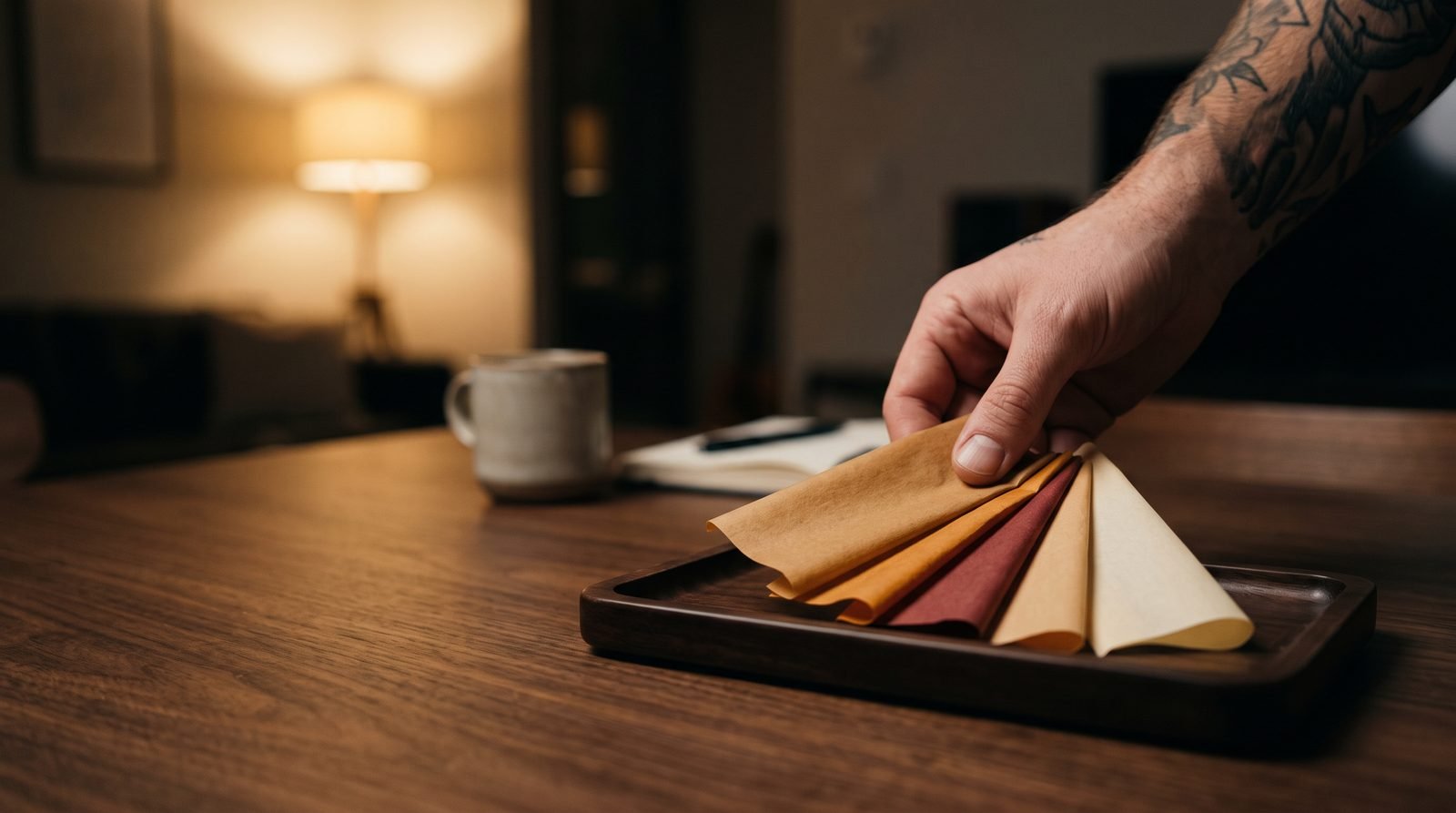Adult hand fanning plain colorful rolling wraps on a walnut tray in a warm apartment