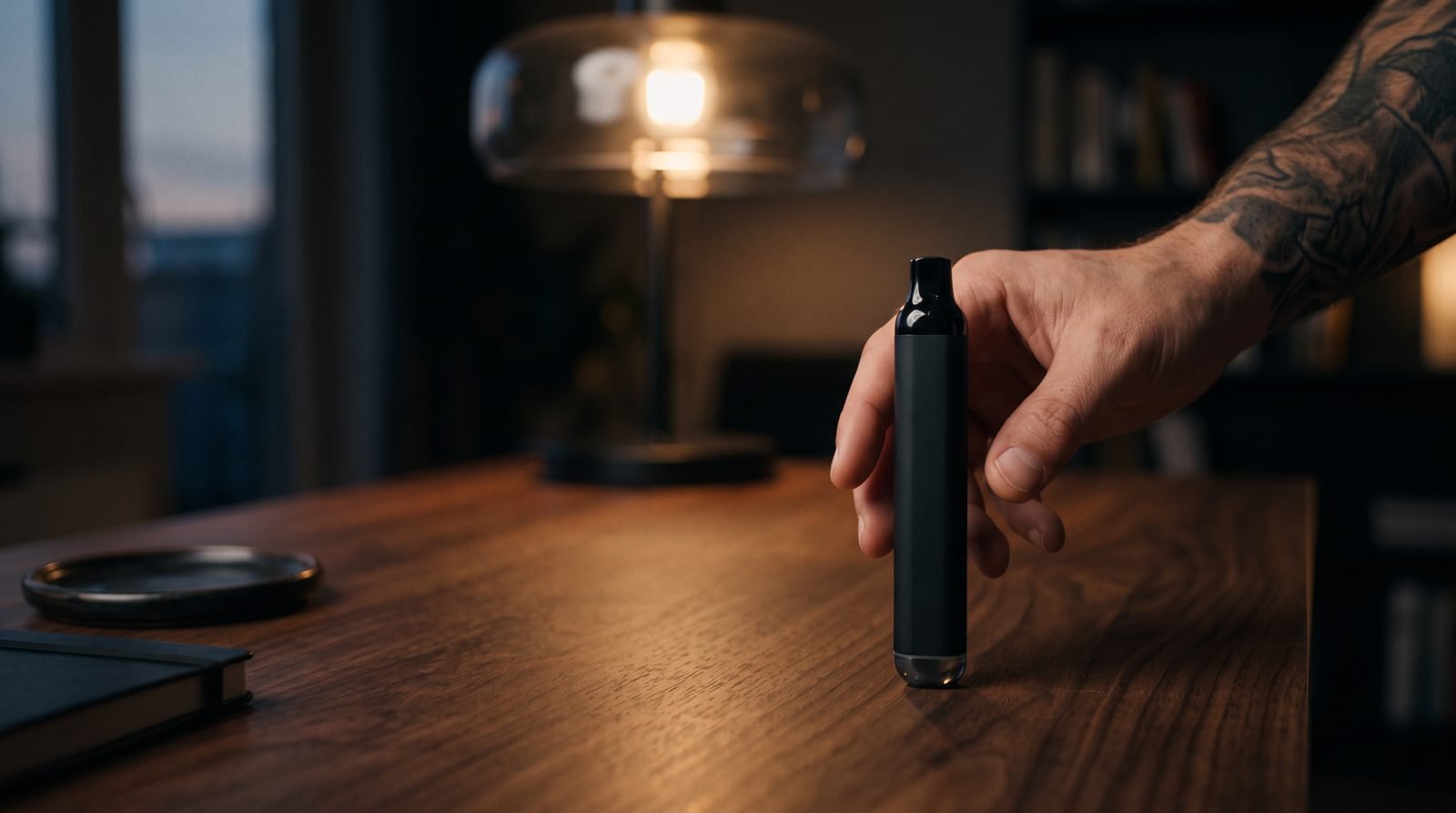 Sutra Vape Silo Auto Draw cartridge vaporizer on a walnut desk with an adult hand beside it