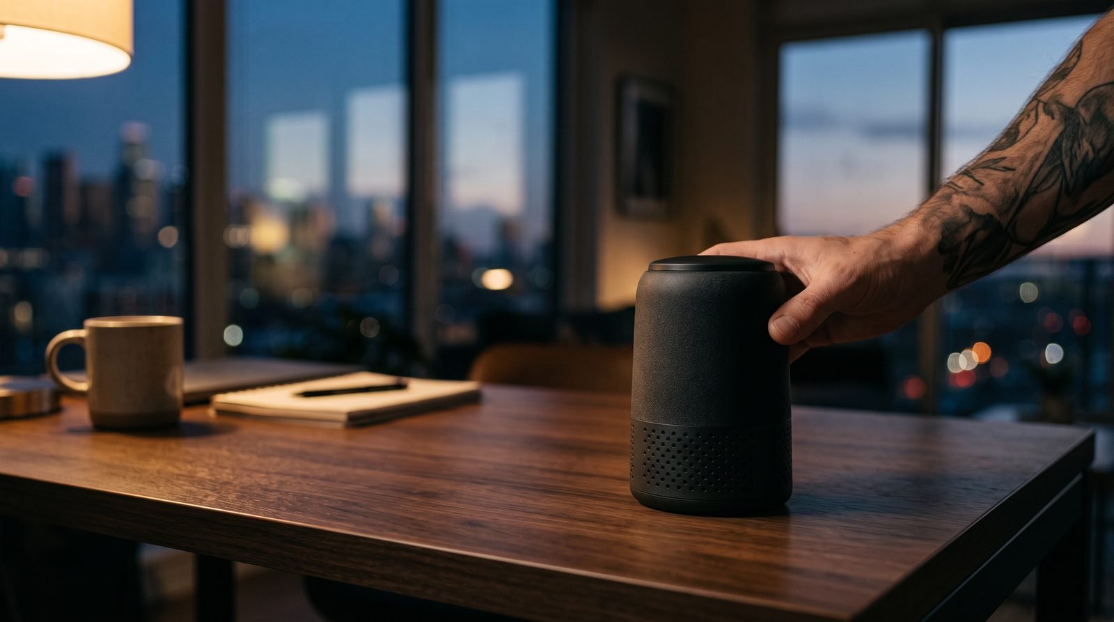 Yocan Green Invisibility Cloak personal air filter on a walnut desk with an adult hand