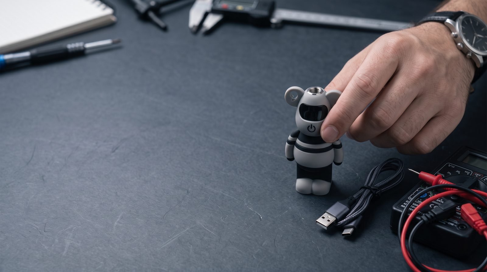 Lookah Bear 510 battery held by an adult hand on a walnut desk with notebook and coffee