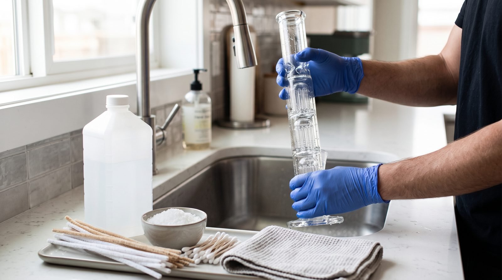 Adult hands in gloves cleaning a glass water pipe at a bright kitchen sink with cleaning supplies laid out