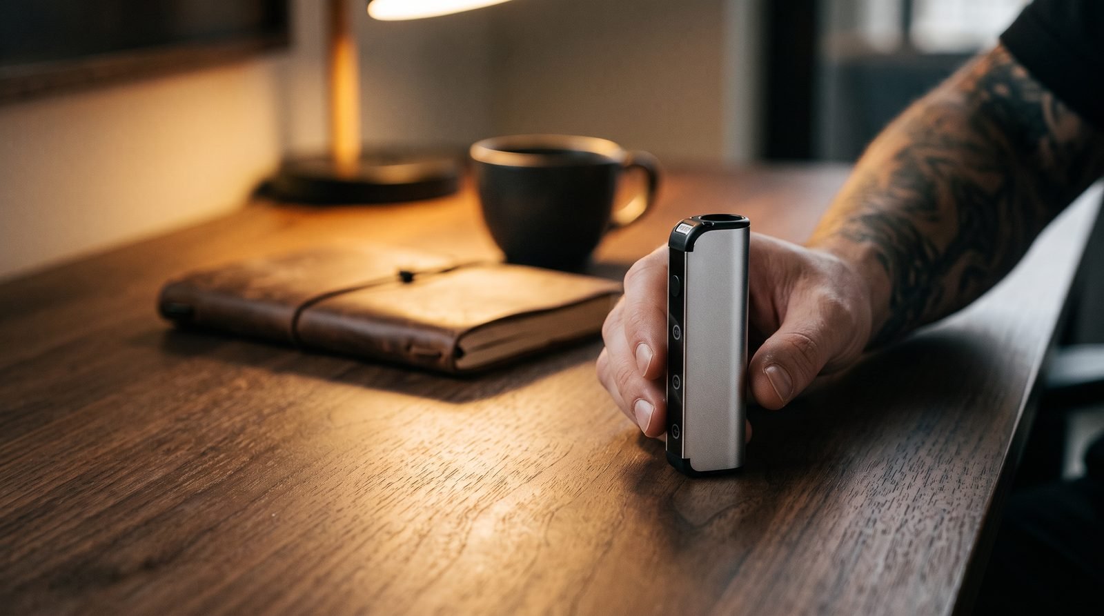 Ooze Novex compact 510 thread battery on a walnut desk with an adult hand reaching for it