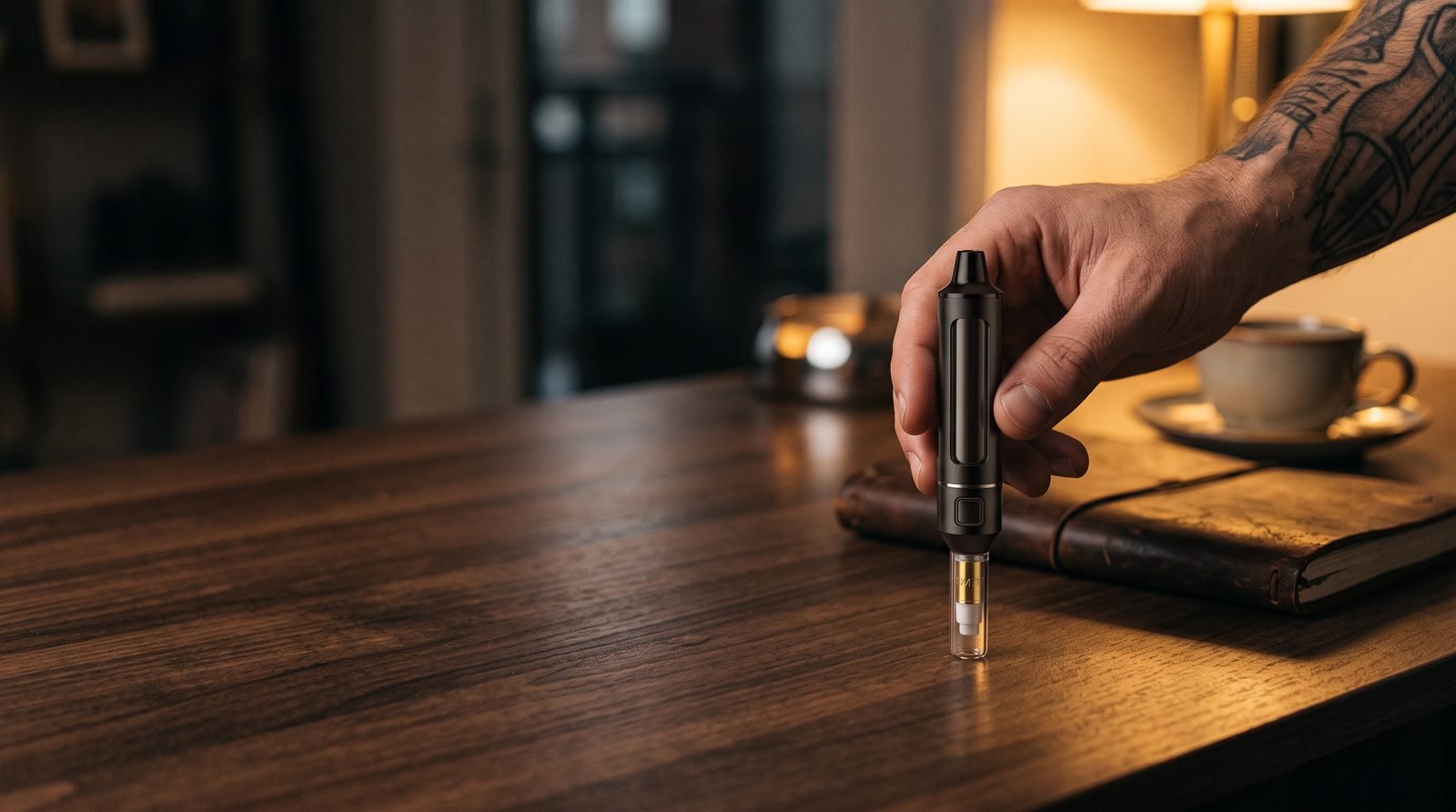 Yocan Falcon Mini compact vape pen held by an adult hand on a walnut desk