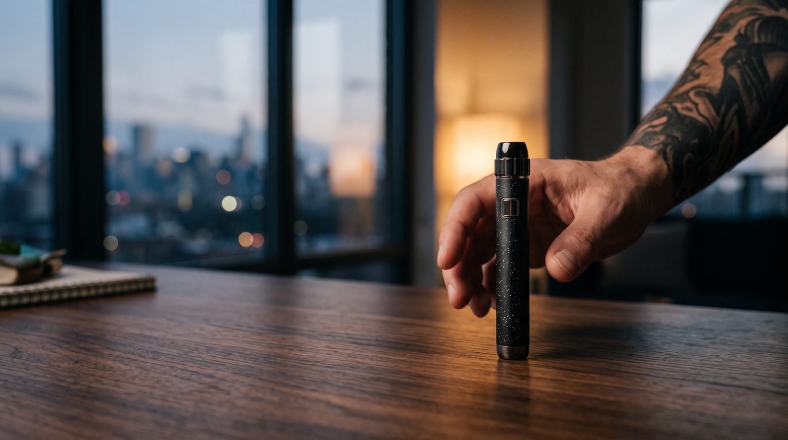 Yocan LUX Plus 510 battery on a walnut desk with an adult hand and a city window behind