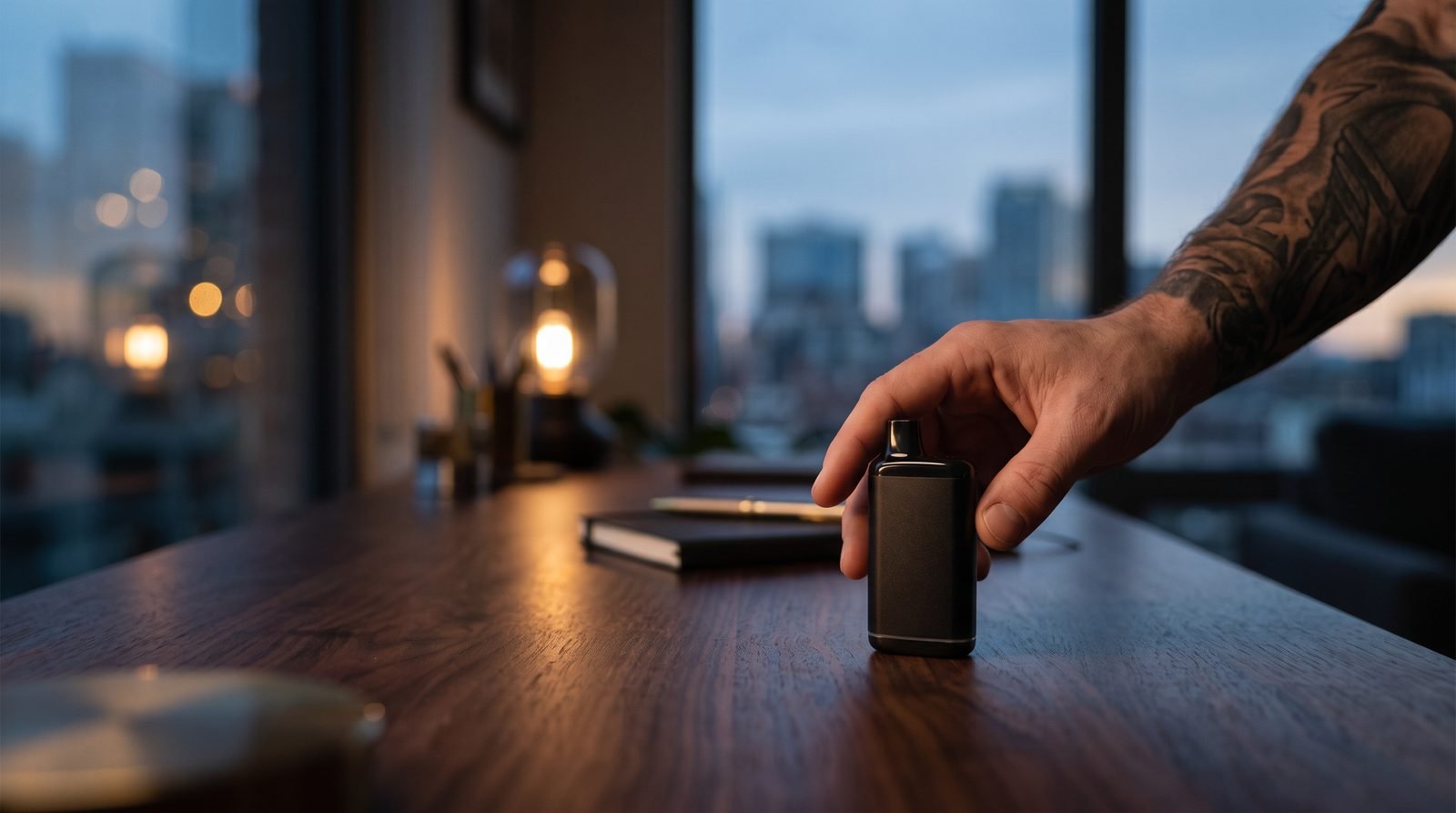 Sutra Vape Silo Pro cartridge vaporizer on a walnut desk with an adult hand and city window