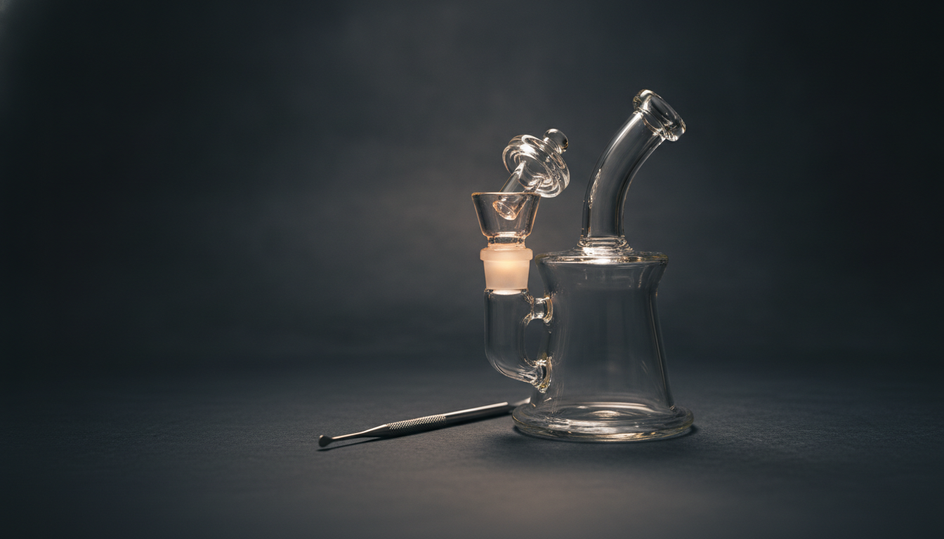 A glass dab rig and quartz banger with a carb cap and dab tool — Smokerolla