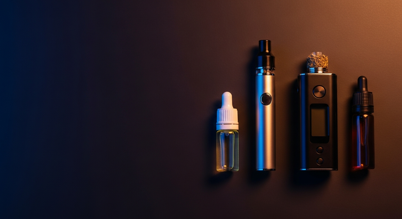A modern dry-herb vaporizer device and small unlabeled liquid bottles — Smokerolla