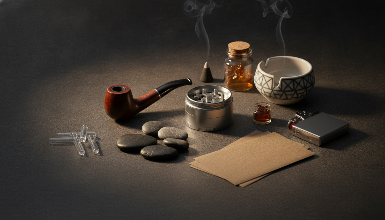 An assortment of unbranded smoking accessories on a dark studio surface — Smokerolla