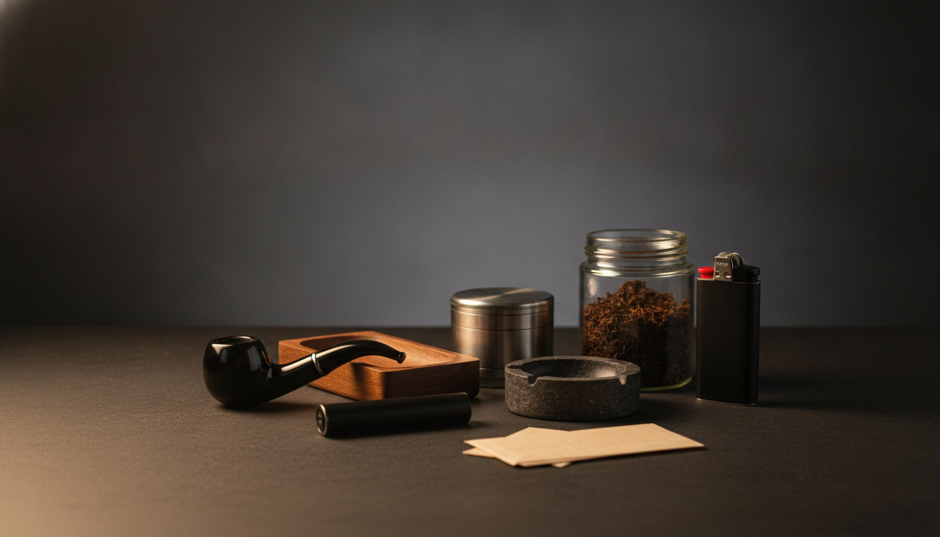 An assortment of unbranded smoking accessories on a dark studio surface — Smokerolla