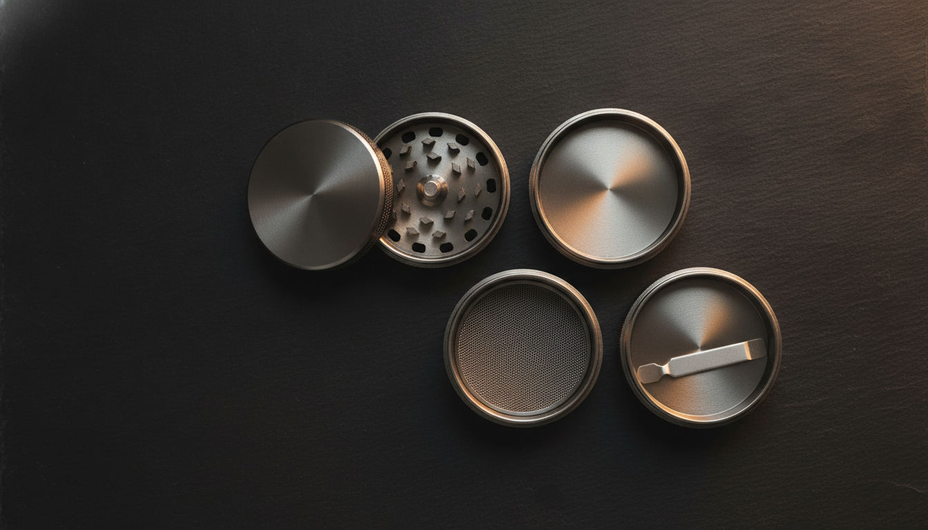 A metal herb grinder opened to show its chambers, on a dark surface — Smokerolla