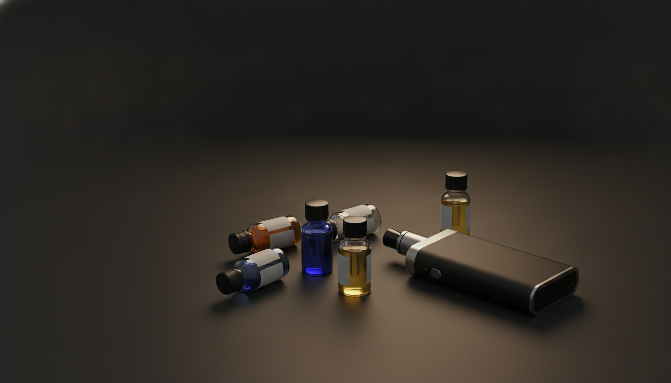 A modern dry-herb vaporizer device and small unlabeled liquid bottles — Smokerolla