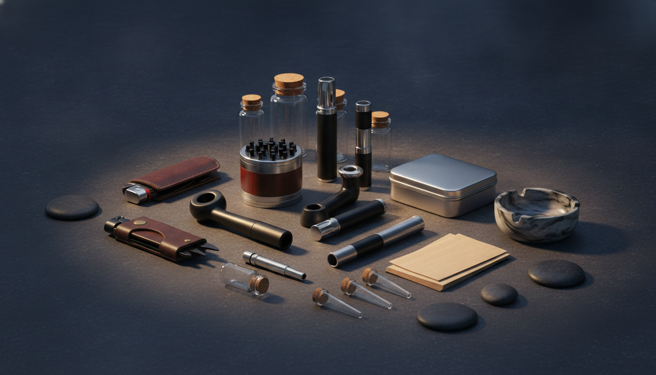 An assortment of unbranded smoking accessories on a dark studio surface — Smokerolla