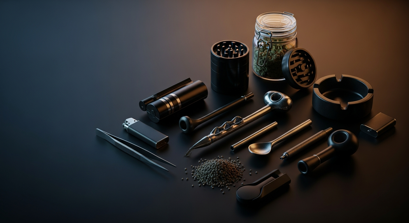 An assortment of unbranded smoking accessories on a dark studio surface — Smokerolla