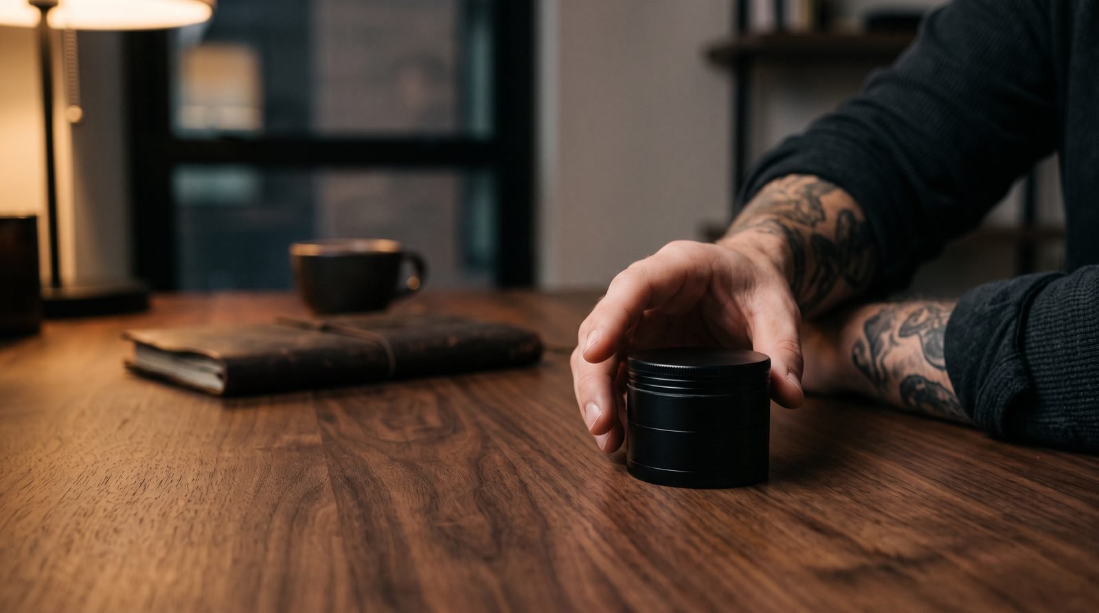 Santa Cruz Shredder Medium 4-piece grinder on a walnut desk under an adult hand