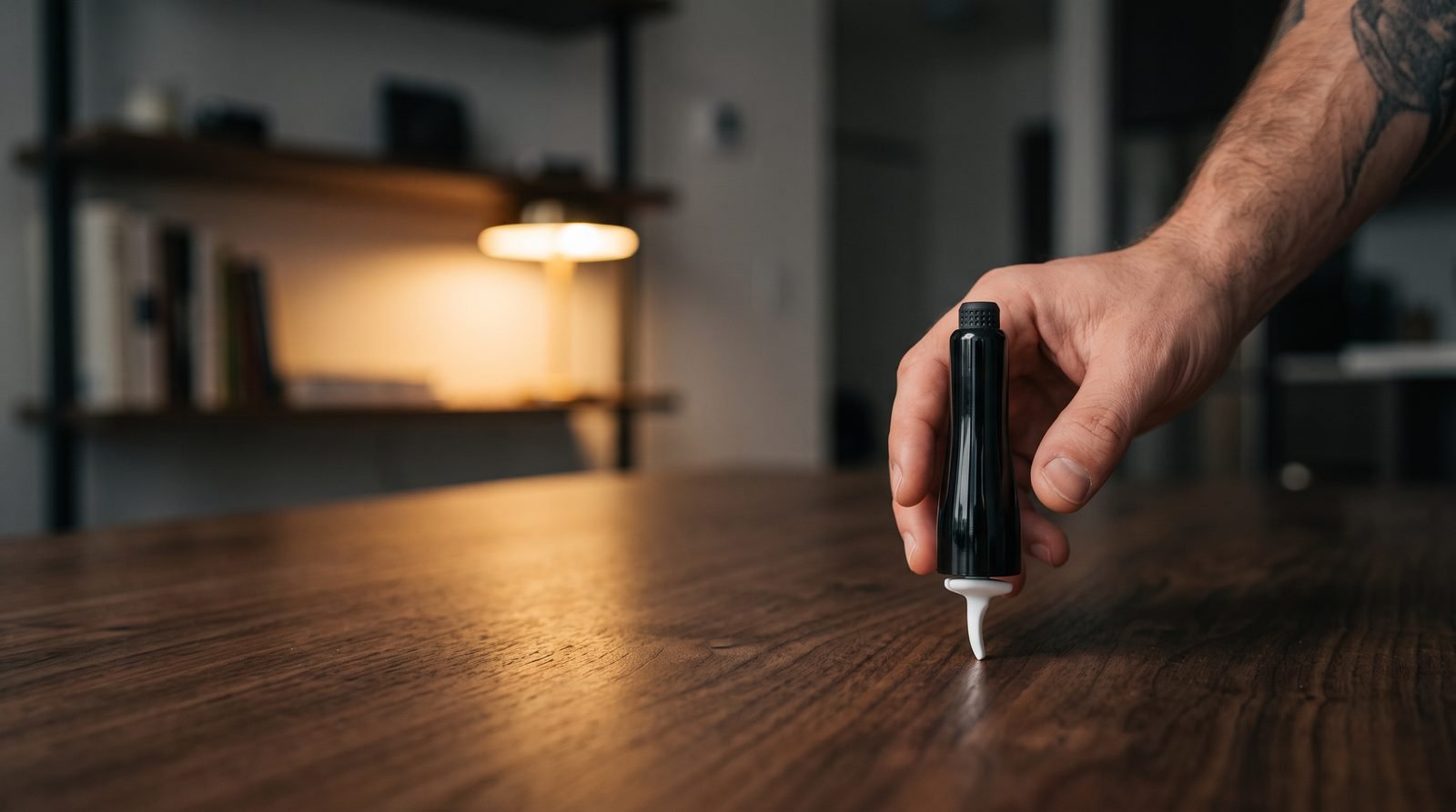 Puffco Plus replacement mouthpiece on a walnut desk with an adult hand reaching for it
