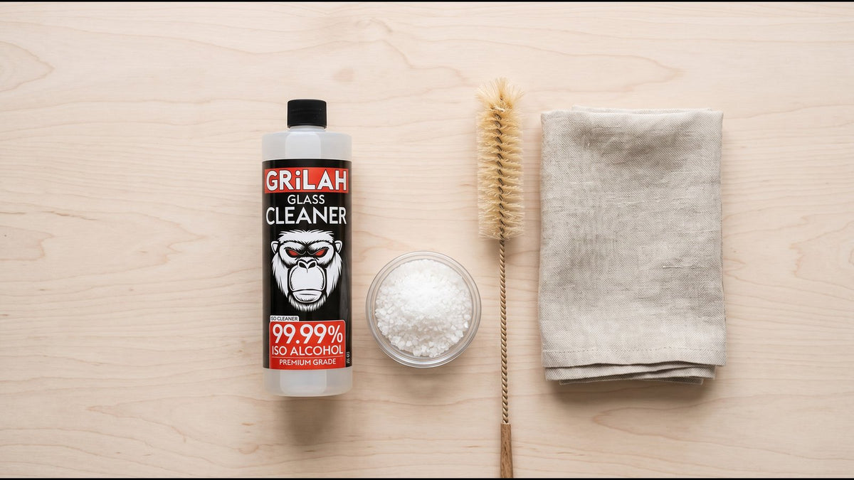 Materials needed to clean a bong: isopropyl alcohol, coarse salt and a brush