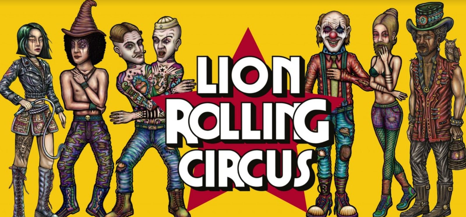Lion Rolling Circus Freaky Family character lineup artwork on yellow