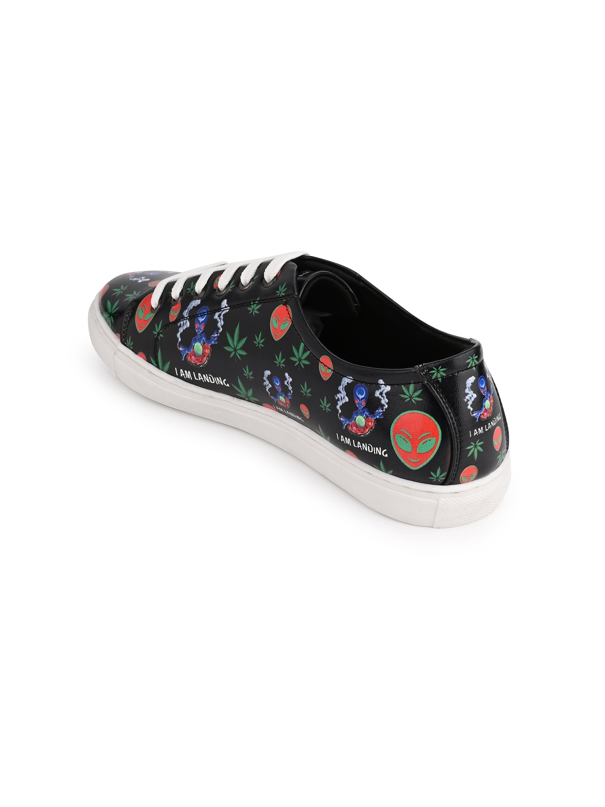 Deep Black Vegan Leather Shoes with Botanical Design