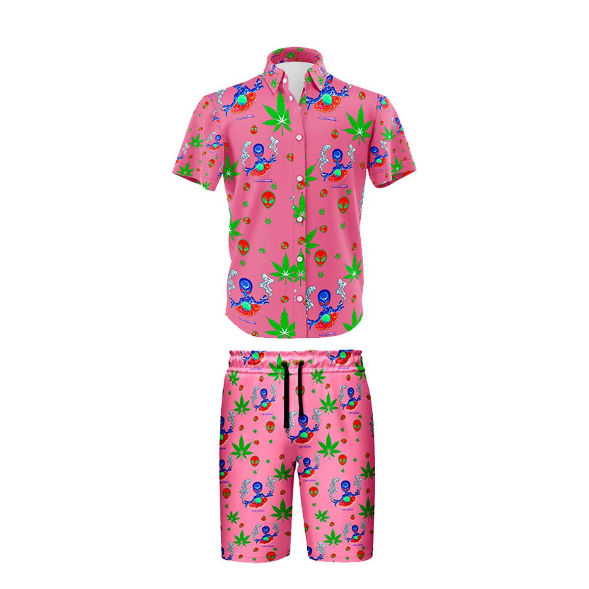 Pink Leaf Print Summer Shirt and Short Set