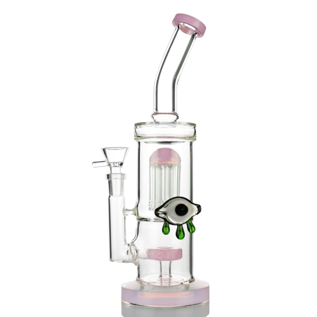 Slime Double Chamber Water Pipe with 14mm Male Bowl, clear glass pink accents eye design