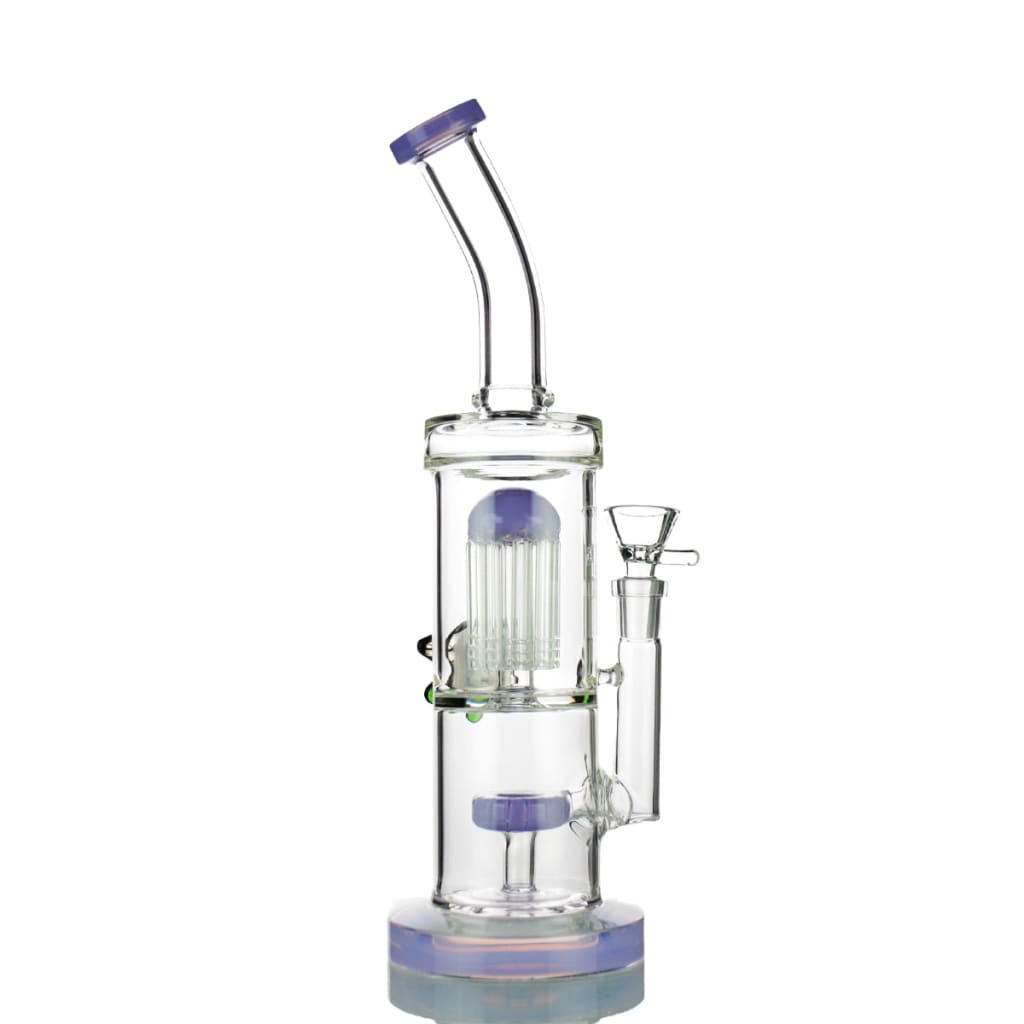 Slime Double Chamber Water Pipe with 14mm Male Bowl, clear glass with purple accents
