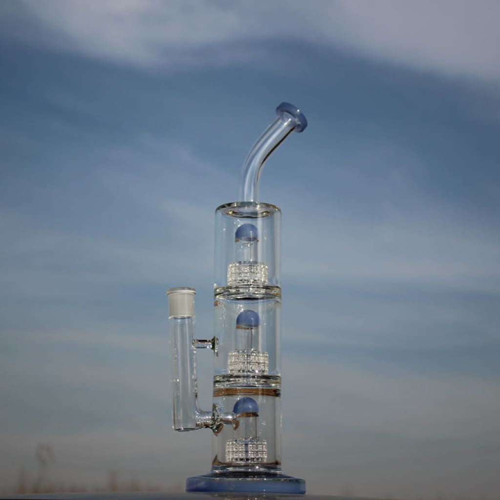 Glass water pipe with triple matrix percolator and curved neck for advanced filtration