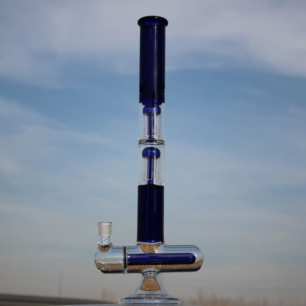 Dual arm percolated glass water bong with blue and clear sections, featuring a percolator