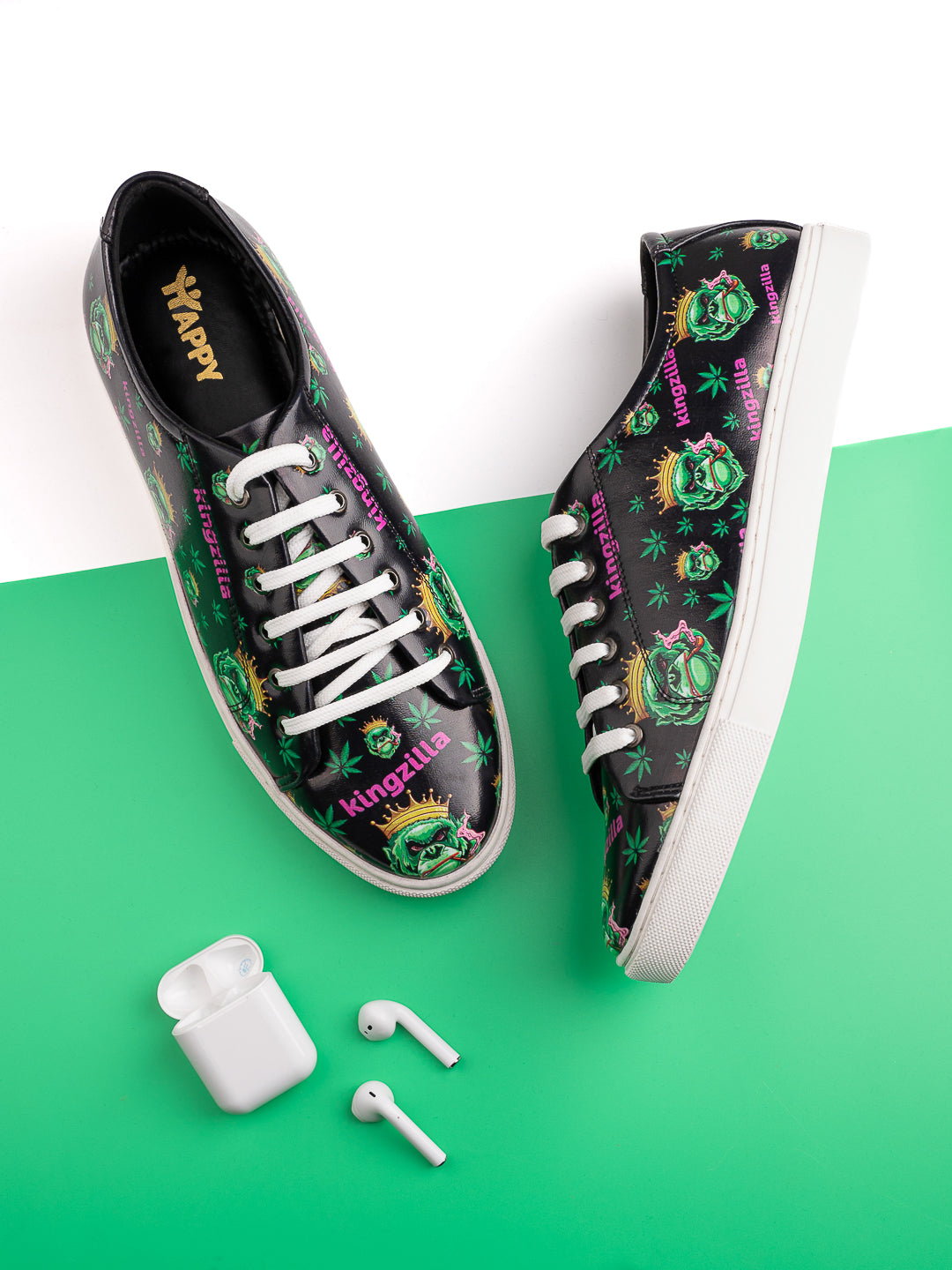 Deep Black Vegan Leather Shoes - Botanical Print