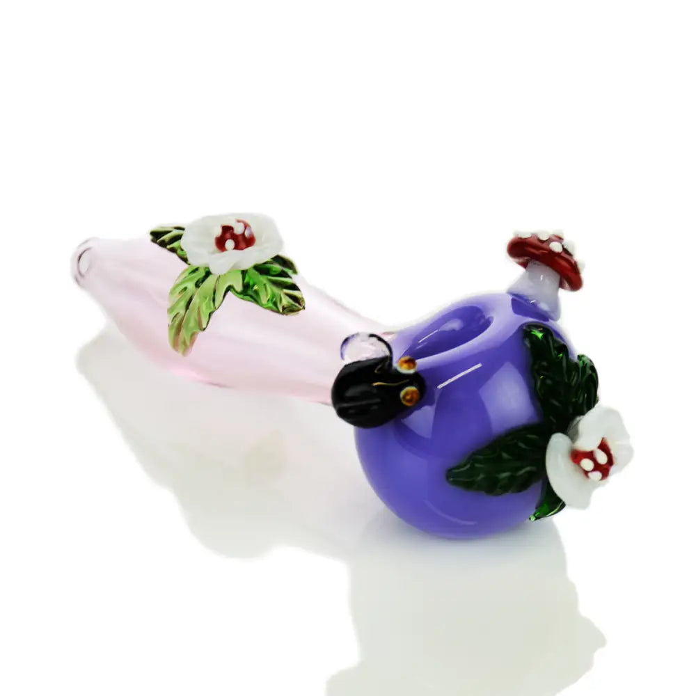 Purple and pink flower mushroom art hand pipe spoon with floral and mushroom accents