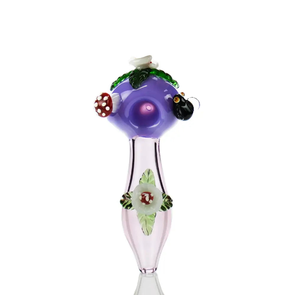 Purple glass Flower Mushroom Art Hand Pipe Spoon with mushroom and ladybug accents