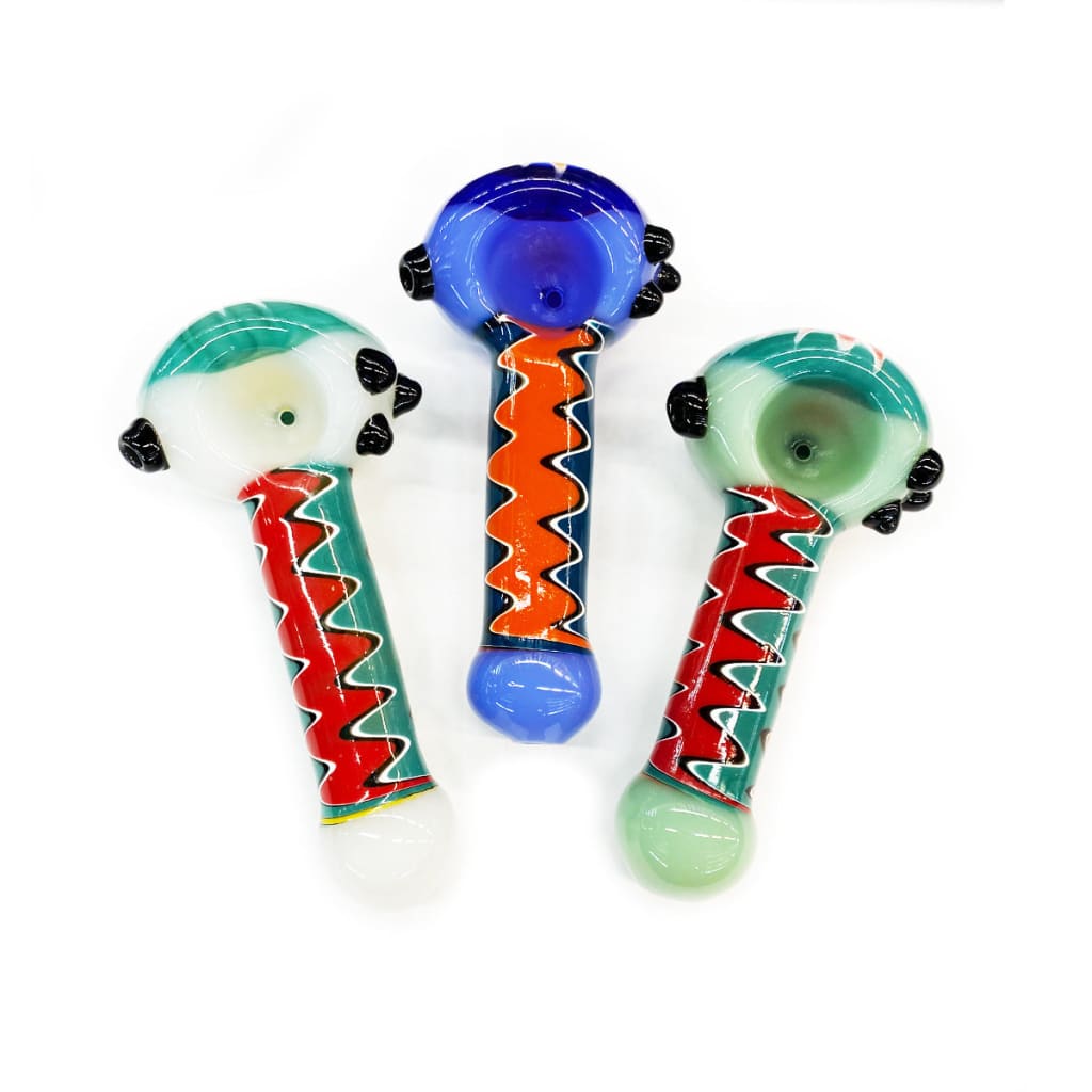 Three vibrant wig wag hand pipes in durable borosilicate glass for unique smoking experience