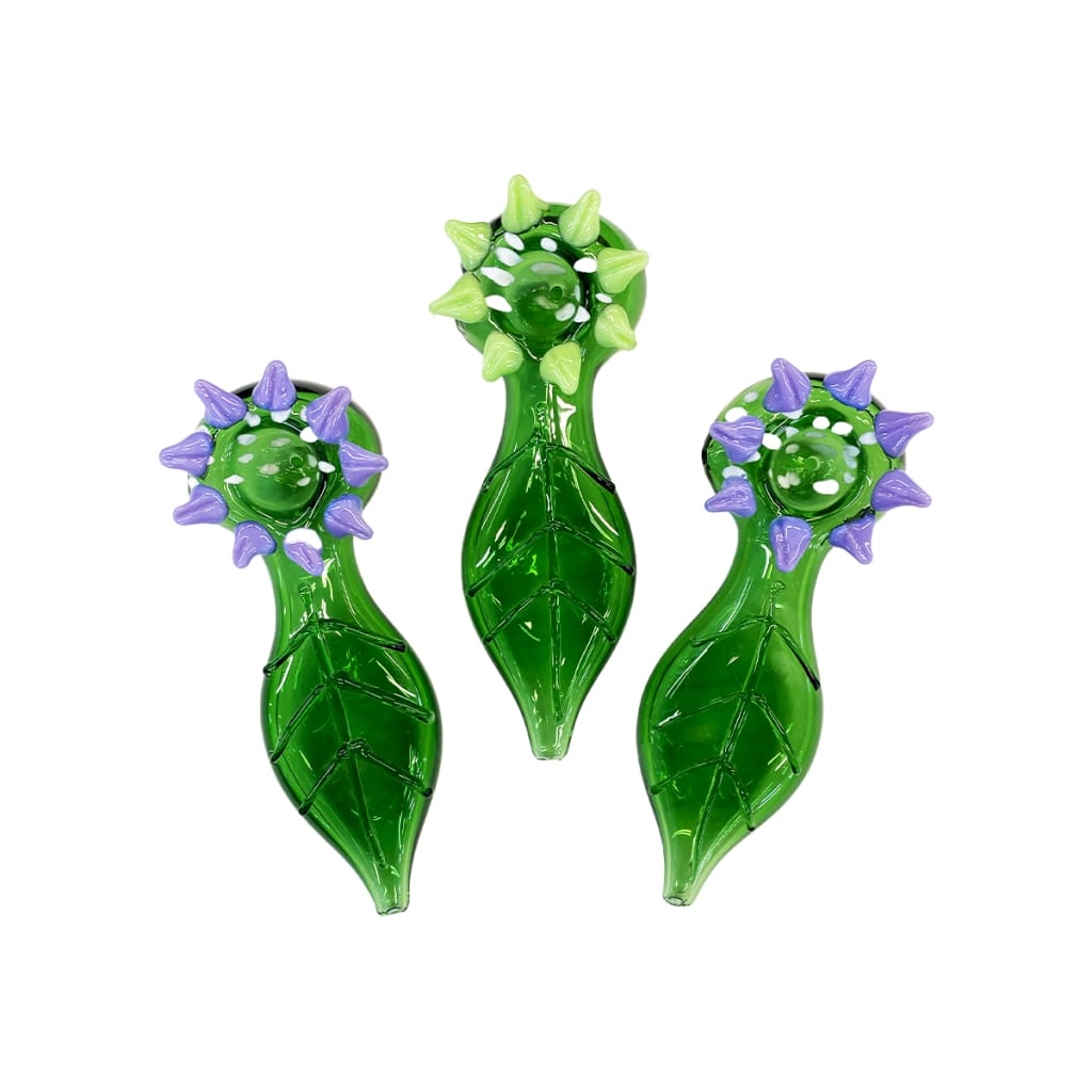Three green glass flower pendants on Demogorgon hand pipe for chill sesh