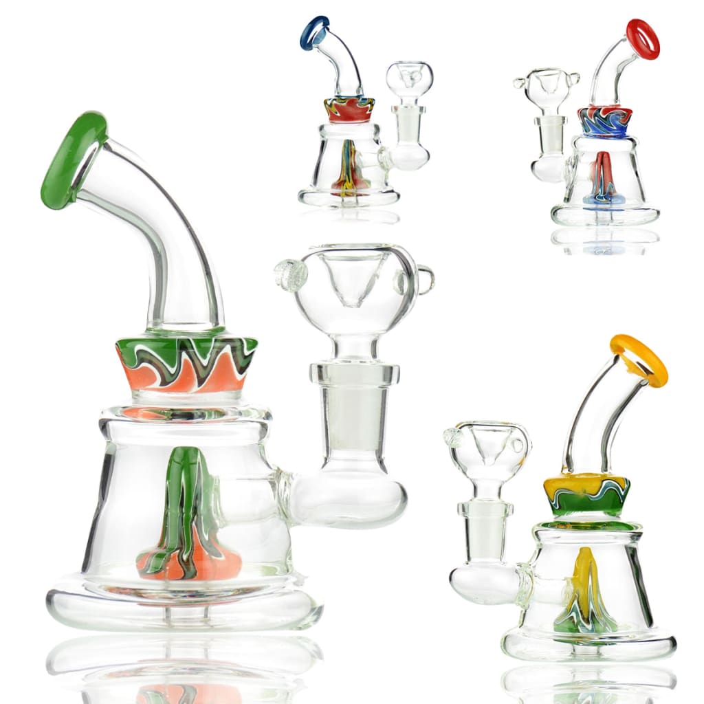 Mini bong with reversal glass shower and 14mm male bowl in clear glass with green orange swirls