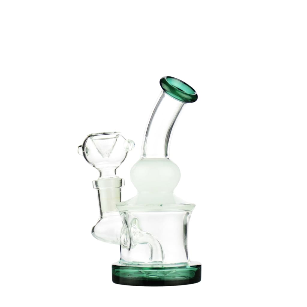 Mini water pipe with clear glass, frosted chamber, round shower perc, and 14mm male bowl for enhanced smoking experience