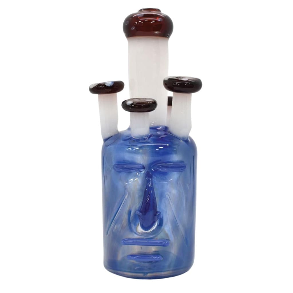 Mushroom Head Glass Hand Pipe: Blue Bottle With Face Design, White & Brown Stoppers