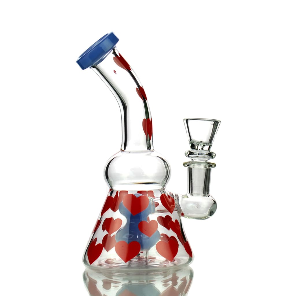 Glass water pipe with red heart patterns and blue mouthpiece for sophisticated smokers