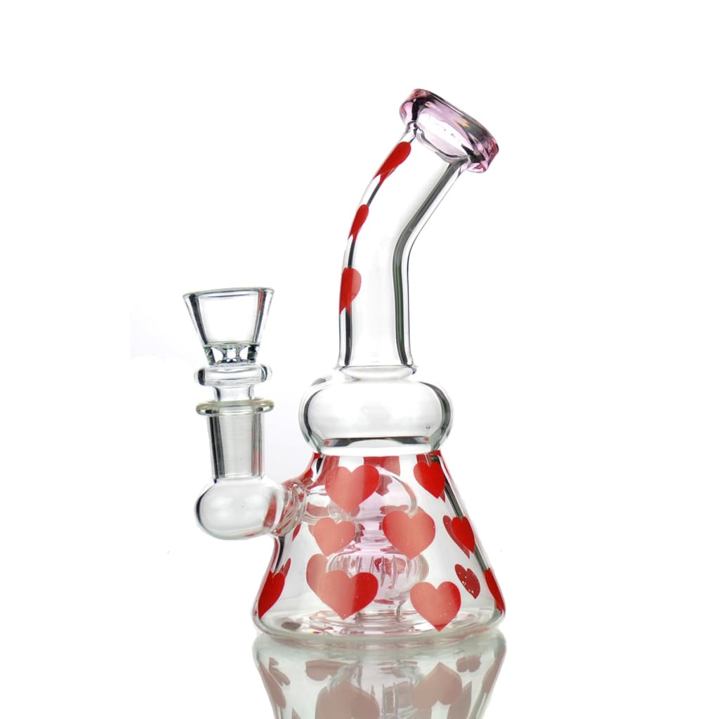 Glass water pipe with red heart patterns for the sophisticated smoker and girly bong heart