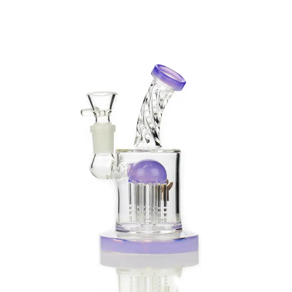 Purple-accented glass water pipe with happy fumes glass tree arm percolator and 14 male bowl