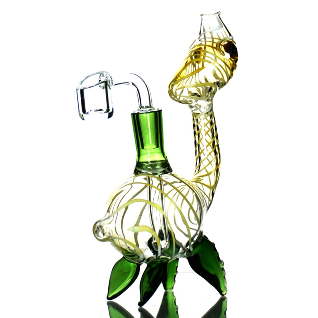 Ornate Turtle Rig water pipe with green accents and 14mm male quartz banger