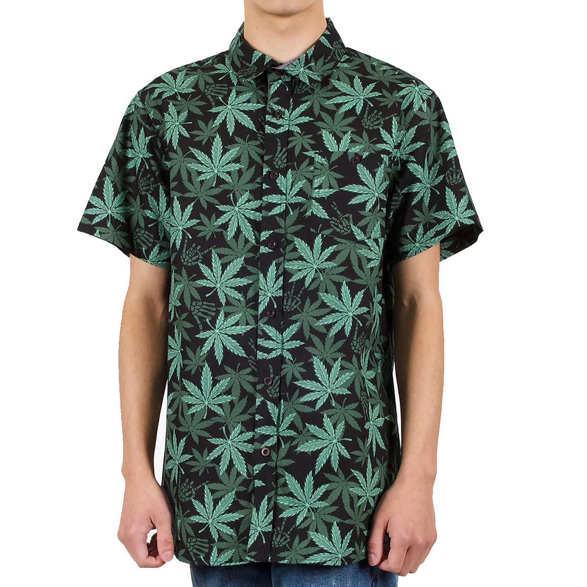 Black Leaf Pattern Woven Short-Sleeve Shirt Set