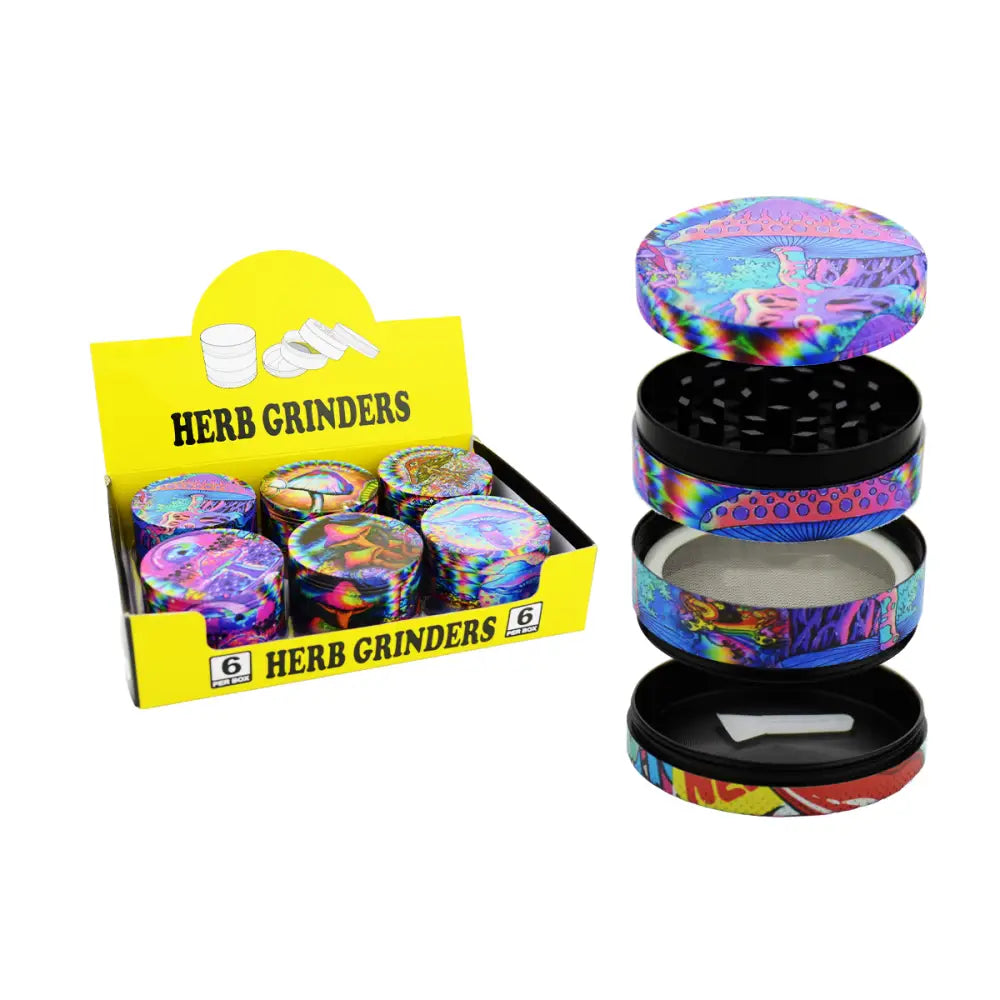 Colorful herb grinders with 63mm mushroom printed zinc parts for herbs